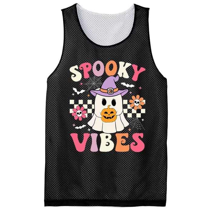 Groovy Spooky Vibes Retro Ghost Holding Pumpkin Halloween Mesh Reversible Basketball Jersey Tank