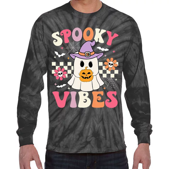 Groovy Spooky Vibes Retro Ghost Holding Pumpkin Halloween Tie-Dye Long Sleeve Shirt