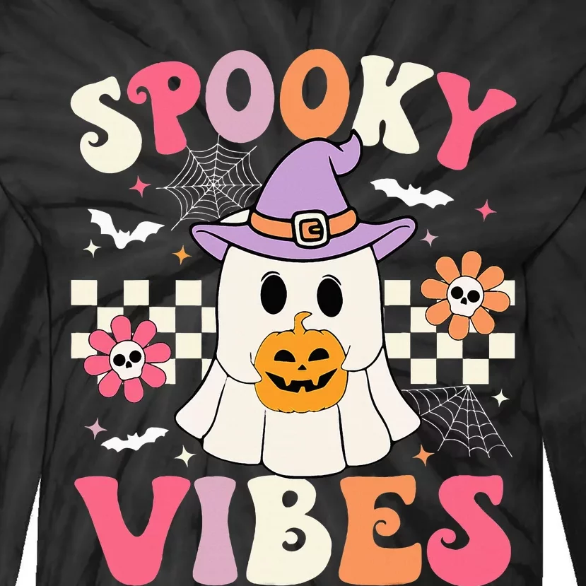 Groovy Spooky Vibes Retro Ghost Holding Pumpkin Halloween Tie-Dye Long Sleeve Shirt