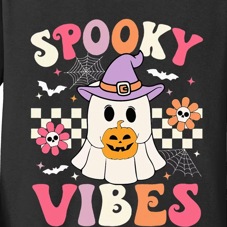 Groovy Spooky Vibes Retro Ghost Holding Pumpkin Halloween Kids Long Sleeve Shirt