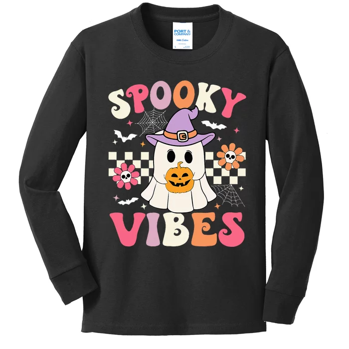 Groovy Spooky Vibes Retro Ghost Holding Pumpkin Halloween Kids Long Sleeve Shirt