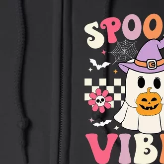 Groovy Spooky Vibes Retro Ghost Holding Pumpkin Halloween Full Zip Hoodie