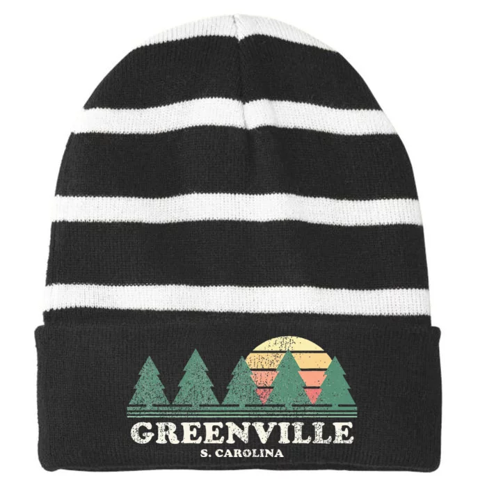 Greenville Sc Vintage Throwback Retro 70s Striped Beanie with Solid Band