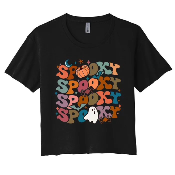 Groovy Spooky Vibes Vintage Floral Ghost Hippie Halloween Women's Crop Top Tee