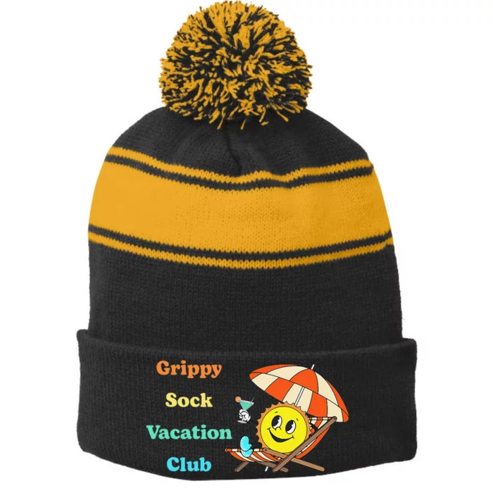 Grippy Sock Vacation Club Funny Stripe Pom Pom Beanie