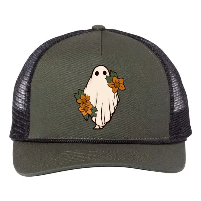 Ghost Sunflower Vintage Halloween Retro Rope Trucker Hat Cap