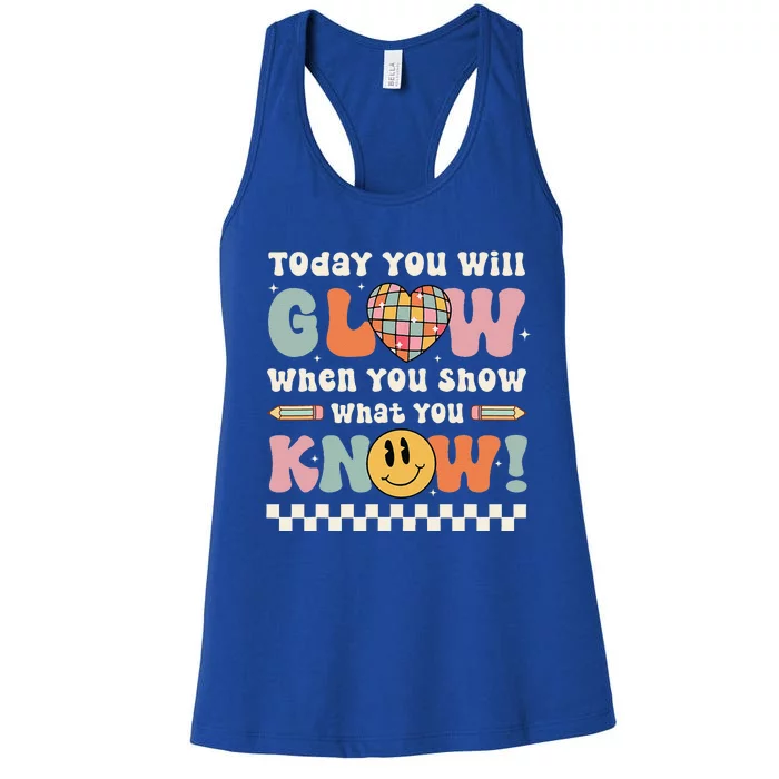 Groovy Show What You Know Testing Day For Teacher Women's Racerback Tank