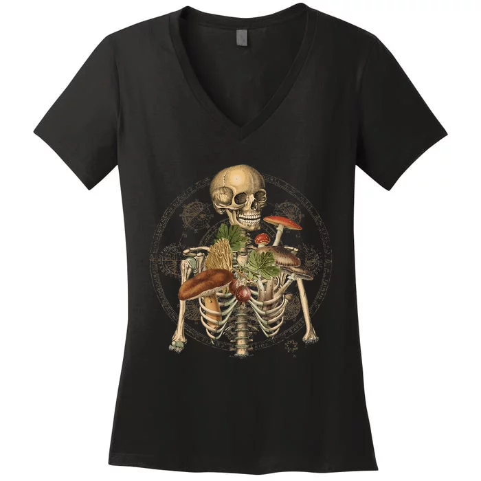 Goblincore Skeleton With Mushrooms Foraging Mycologist Fungi Women's V-Neck T-Shirt