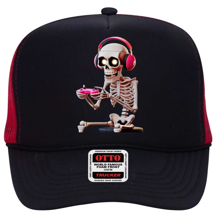 Gamer Skeleton With Headphones Halloween Gaming Gift High Crown Mesh Trucker Hat