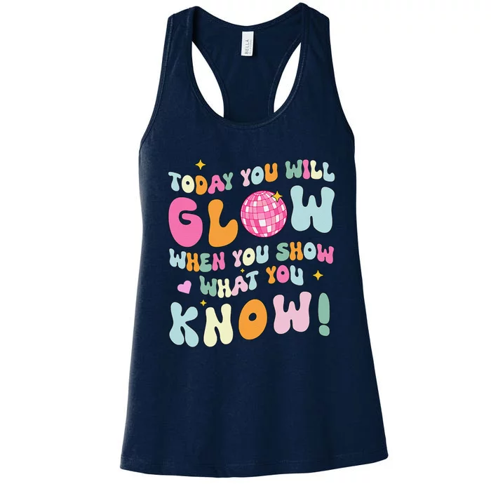 Groovy Show What You Know Test Testing Day Teacher Student Women's Racerback Tank