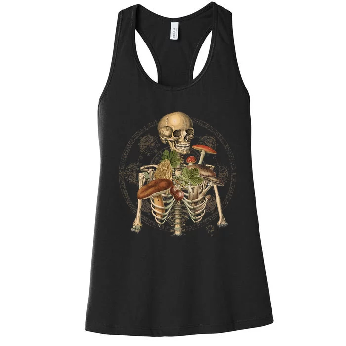 Goblincore Skeleton With Mushrooms Foraging Mycologist Fungi Women's Racerback Tank