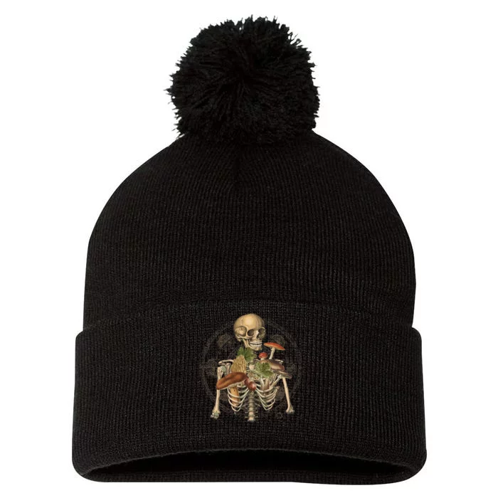 Goblincore Skeleton With Mushrooms Foraging Mycologist Fungi Pom Pom 12in Knit Beanie