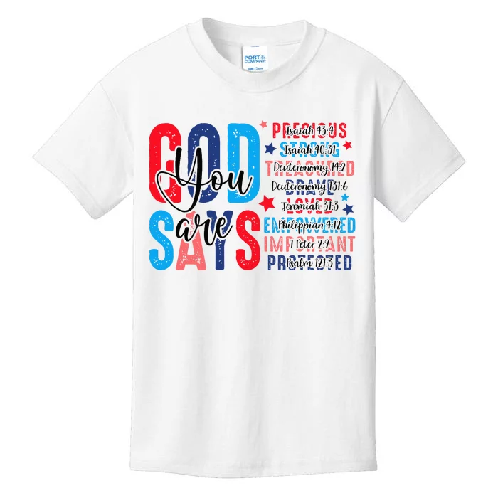 God Says You Are Vintage 4th Of July Bible Verse Christian Kids T-Shirt