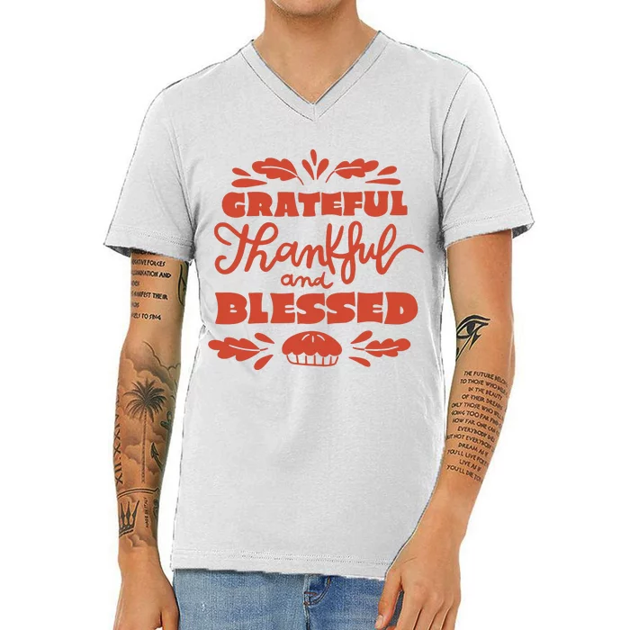 Grateful Thankful And Blessed Thanksgiving V-Neck T-Shirt