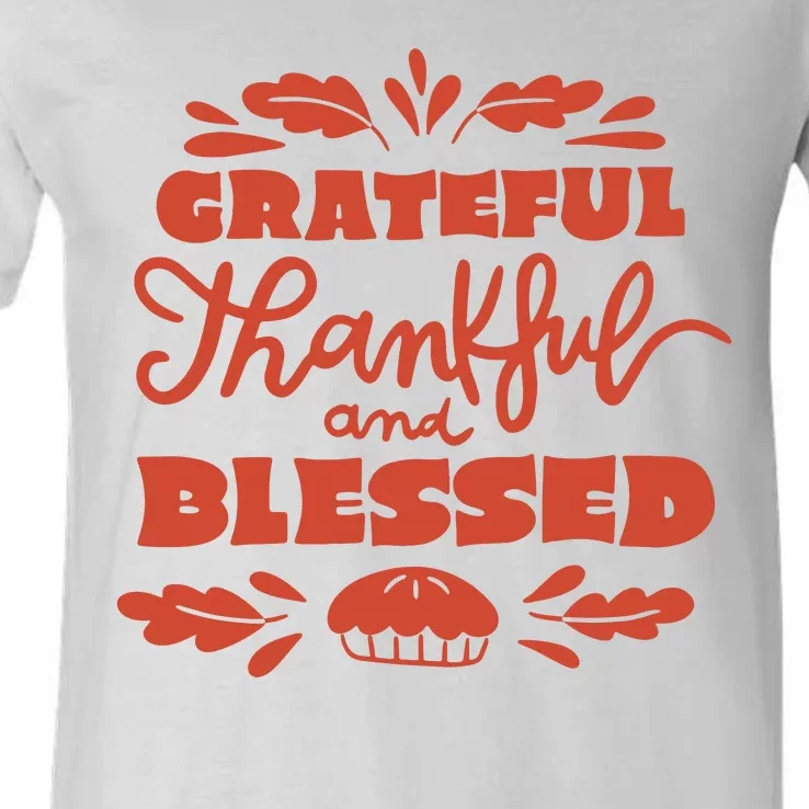 Grateful Thankful And Blessed Thanksgiving V-Neck T-Shirt