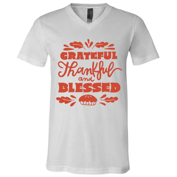 Grateful Thankful And Blessed Thanksgiving V-Neck T-Shirt