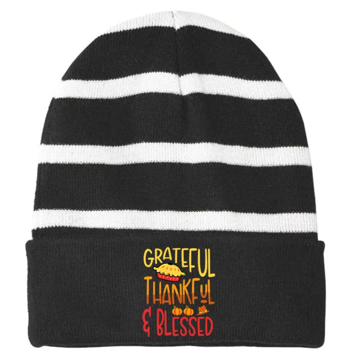 Grateful Thankful Blessed Thanksgiving Quote Striped Beanie with Solid Band