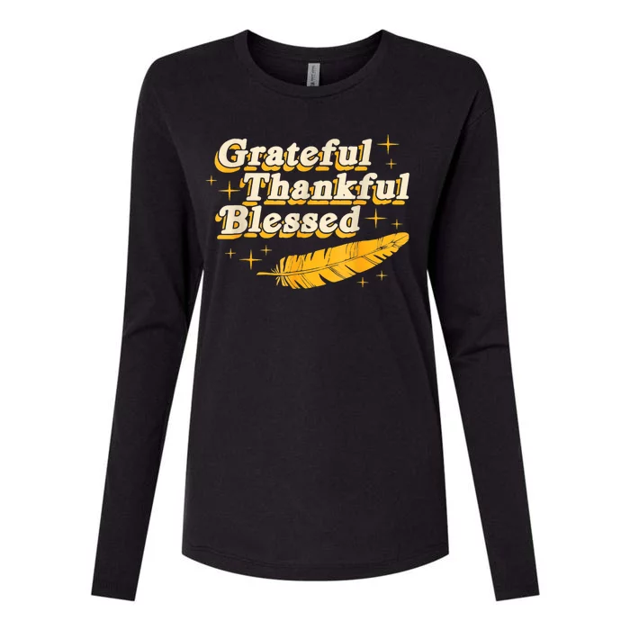 Grateful Thankful Blessed Feathers Fall Autumn Thanksgiving Womens Cotton Relaxed Long Sleeve T-Shirt