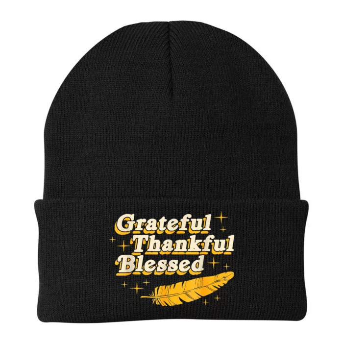 Grateful Thankful Blessed Feathers Fall Autumn Thanksgiving Knit Cap Winter Beanie