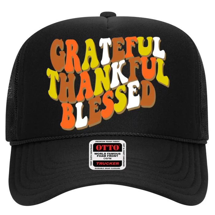 Grateful Thankful Blessed Retro Thanksgiving High Crown Mesh Trucker Hat