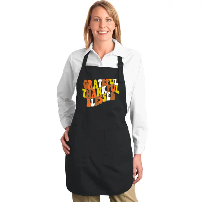 Grateful Thankful Blessed Retro Thanksgiving Full-Length Apron With Pocket