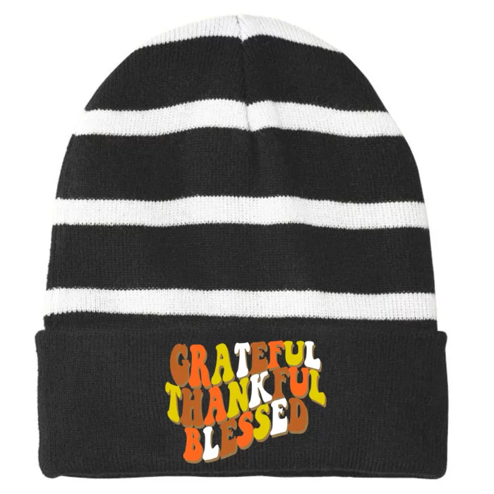 Grateful Thankful Blessed Retro Thanksgiving Striped Beanie with Solid Band