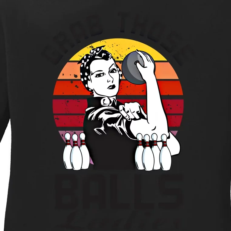 Grab Those Balls Ladies Bowling Retro Fun Bowling Cool Gift Ladies Long Sleeve Shirt