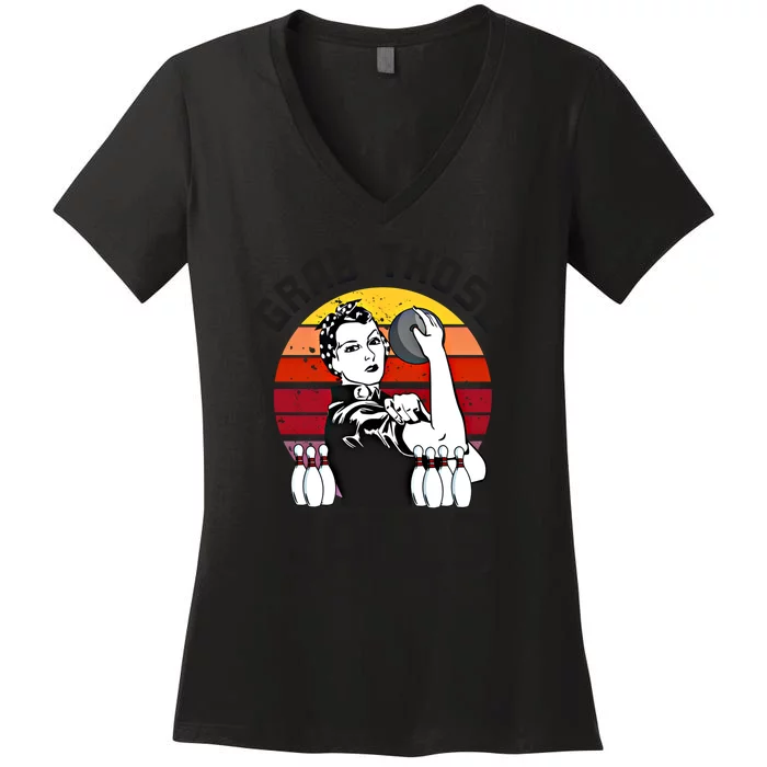 Grab Those Balls Ladies Bowling Retro Fun Bowling Cool Gift Women's V-Neck T-Shirt