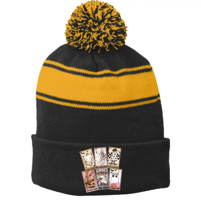 Ghost Tarot Card Halloween Stripe Pom Pom Beanie