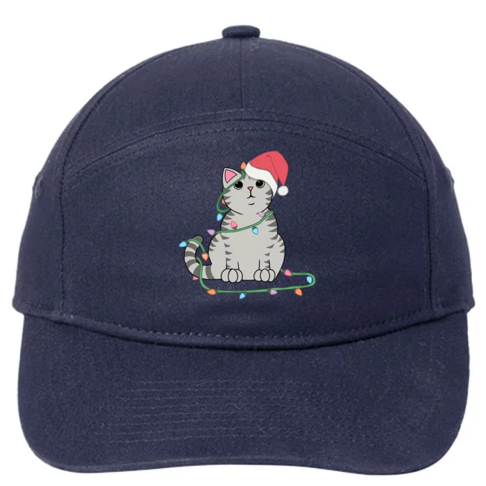 Gray Tabby Cat Christmas Lights Funny Cat Lover Xmas Hat Gift 7-Panel Snapback Hat