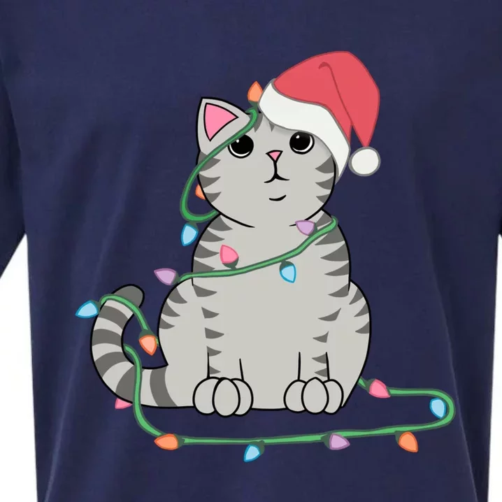 Gray Tabby Cat Christmas Lights Funny Cat Lover Xmas Hat Gift Sueded Cloud Jersey T-Shirt