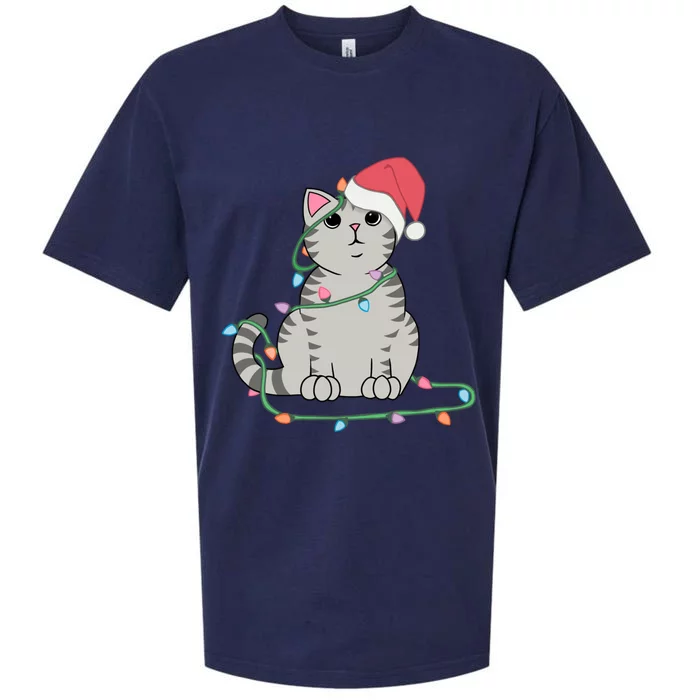 Gray Tabby Cat Christmas Lights Funny Cat Lover Xmas Hat Gift Sueded Cloud Jersey T-Shirt