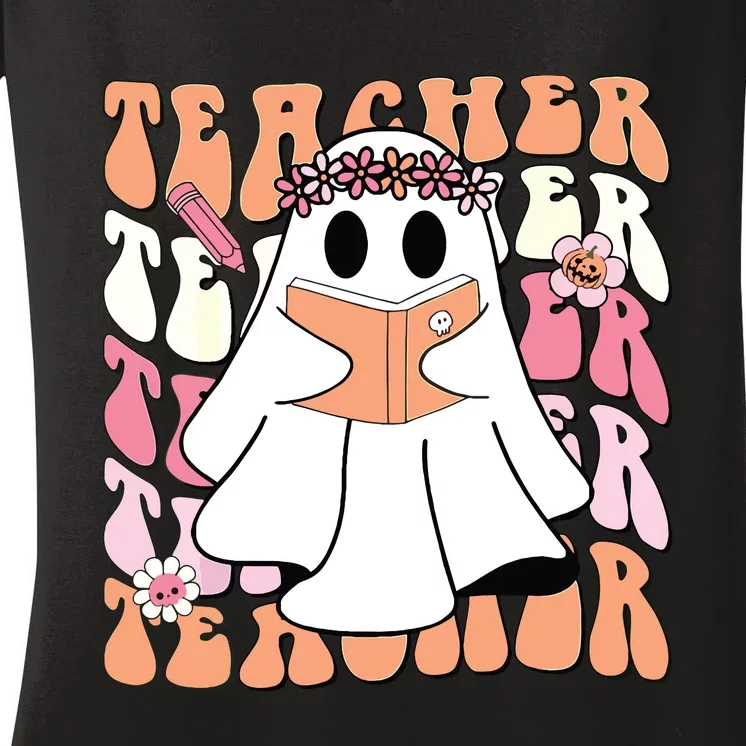 Groovy Teacher Cute Ghost Teaching Halloween Spooky Season Women's V-Neck T-Shirt