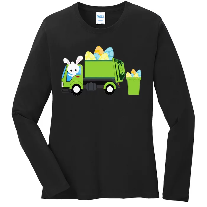 Garbage Truck Easter Bunny Egg Hunt Ladies Long Sleeve Shirt