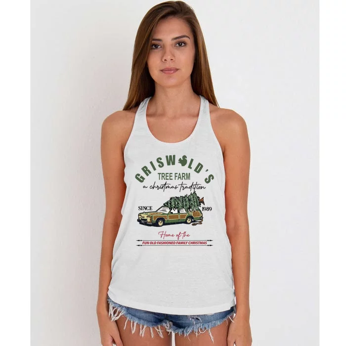 Griswold_s Tree Farm Since 1989 Christmas Tree Women's Knotted Racerback Tank