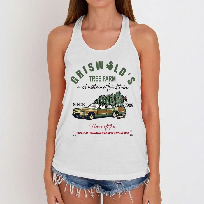 Griswold_s Tree Farm Since 1989 Christmas Tree Women's Knotted Racerback Tank