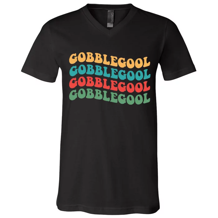 Gobblegool Turkey Funny Colorful Groovy Thanksgiving V-Neck T-Shirt