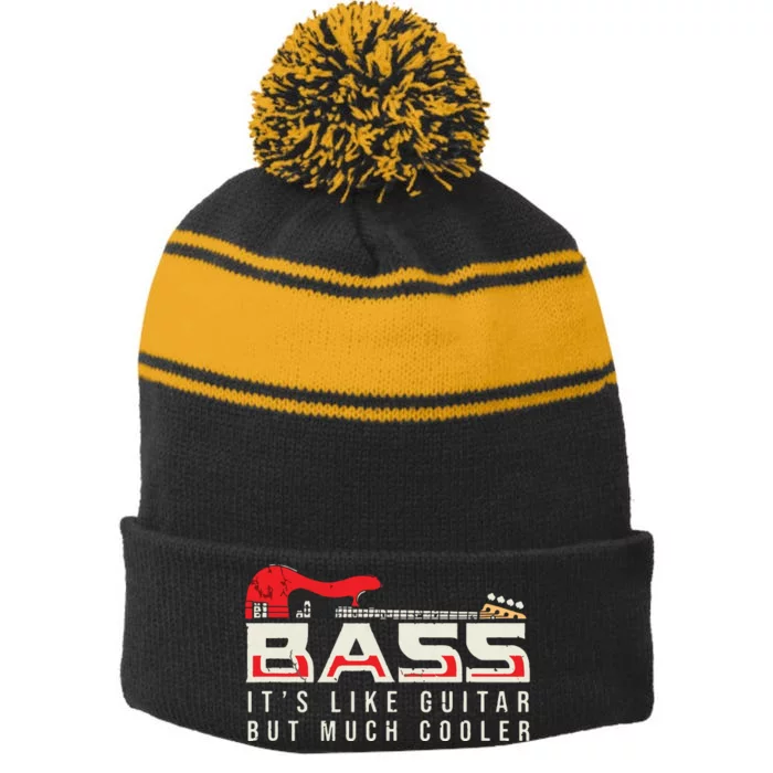 Guitar Themed For Bass Guitar Musician Stripe Pom Pom Beanie