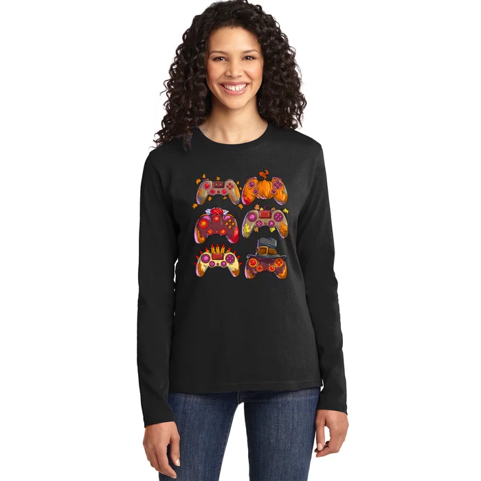 Gamer Thanksgiving Gaming Controllers Turkey Pumpkin Ladies Long Sleeve Shirt