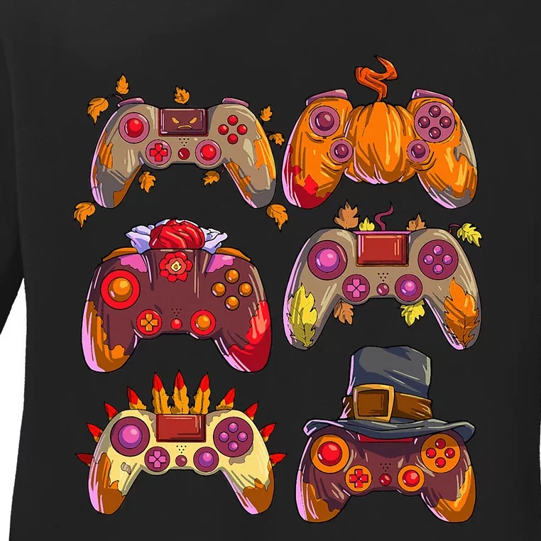 Gamer Thanksgiving Gaming Controllers Turkey Pumpkin Ladies Long Sleeve Shirt