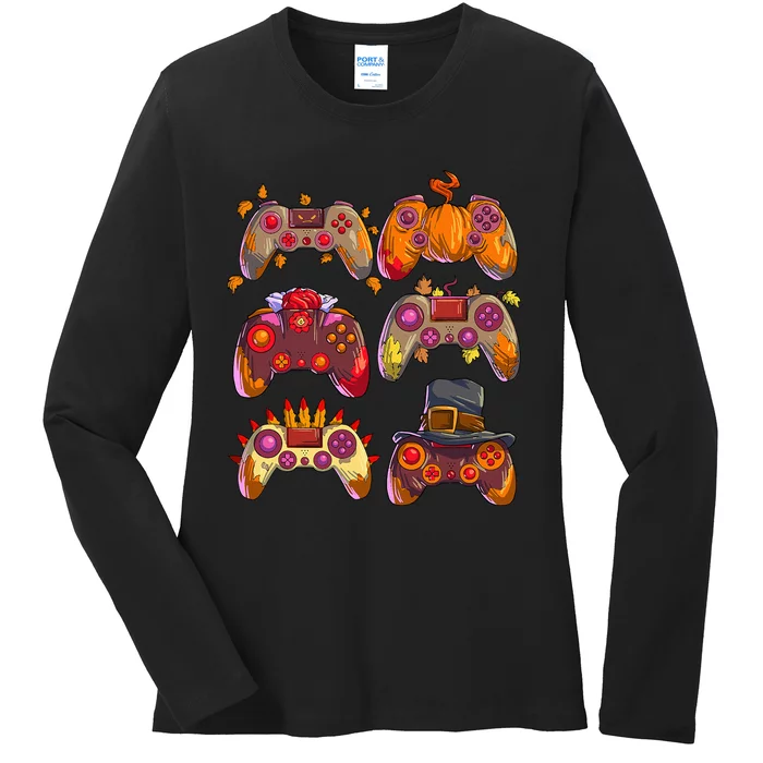 Gamer Thanksgiving Gaming Controllers Turkey Pumpkin Ladies Long Sleeve Shirt