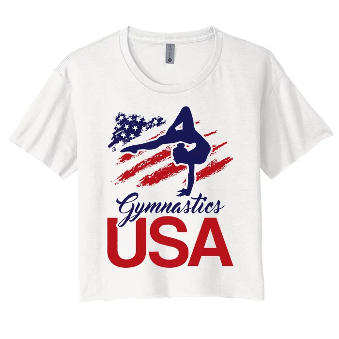 Girl Tumbling Gymnast Gymnastics Usa American Flag Women's Crop Top Tee