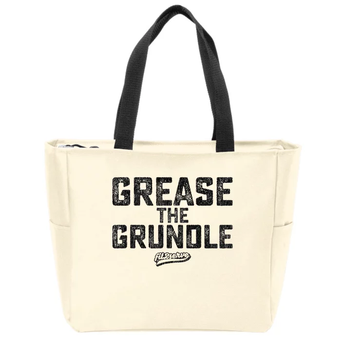 Grease The Grundle Funny Distressed Text Running Zip Tote Bag