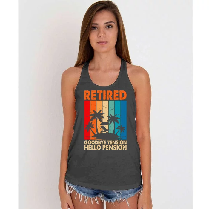 Goodbye Tension Hello Pension Beach Palm Trees Retirement Women's Knotted Racerback Tank