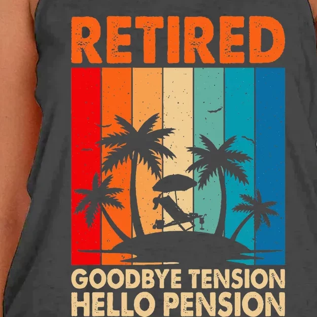 Goodbye Tension Hello Pension Beach Palm Trees Retirement Women's Knotted Racerback Tank