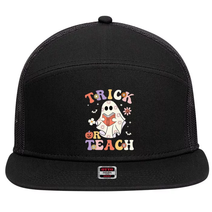 Groovy Teacher Halloween Trick Or Teach Retro Floral Ghost 7 Panel Mesh Trucker Snapback Hat