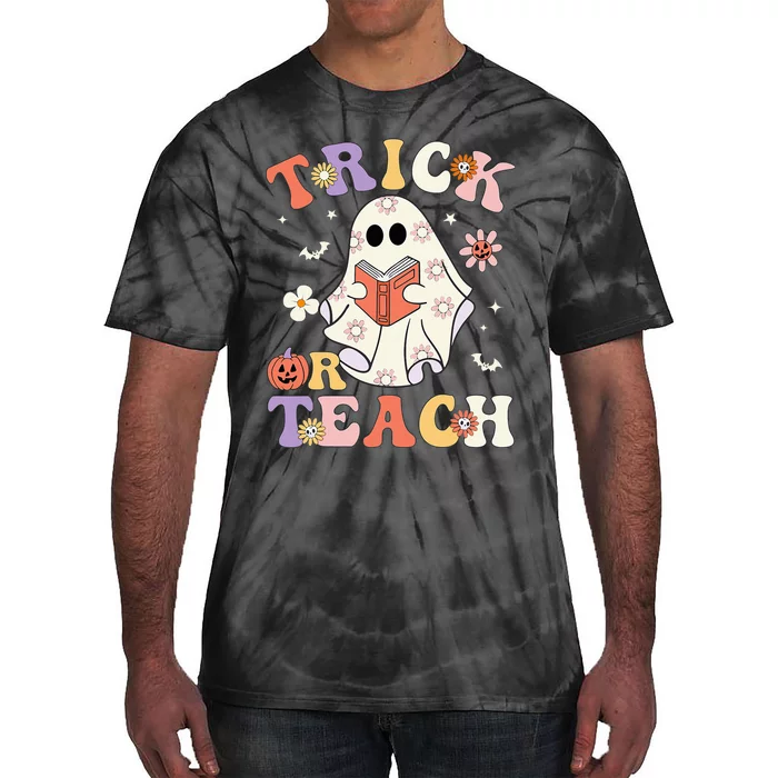 Groovy Teacher Halloween Trick Or Teach Retro Floral Ghost Tie-Dye T-Shirt