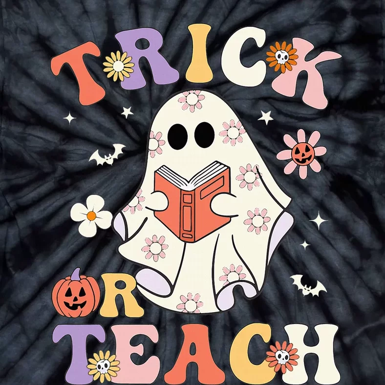 Groovy Teacher Halloween Trick Or Teach Retro Floral Ghost Tie-Dye T-Shirt