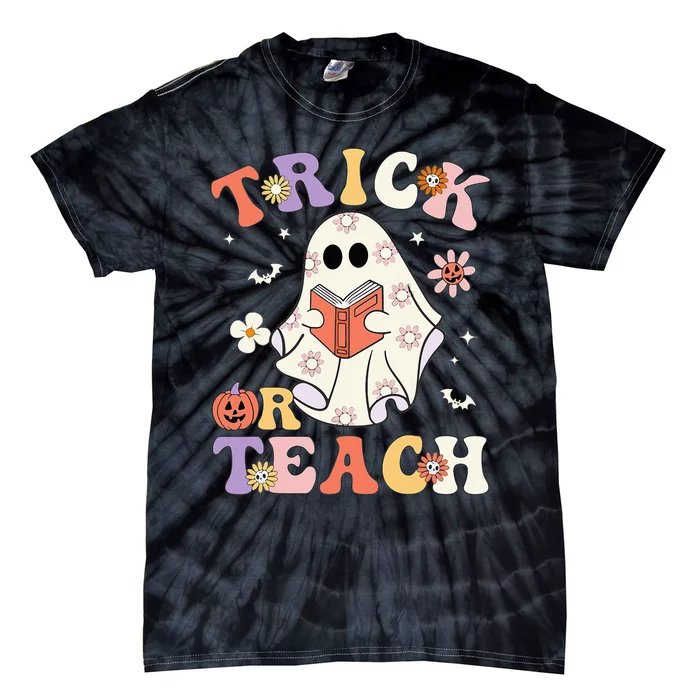 Groovy Teacher Halloween Trick Or Teach Retro Floral Ghost Tie-Dye T-Shirt