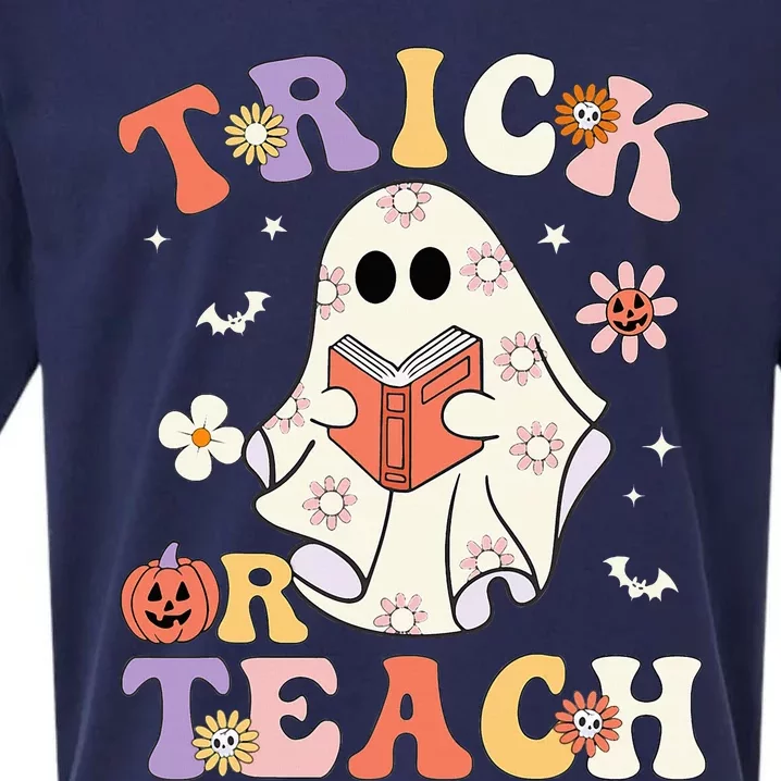 Groovy Teacher Halloween Trick Or Teach Retro Floral Ghost Sueded Cloud Jersey T-Shirt